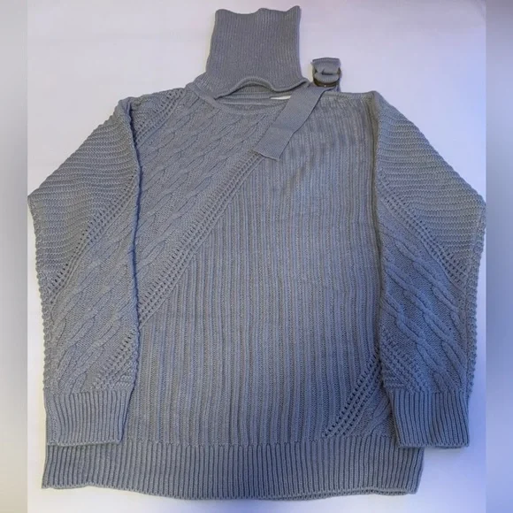 New - Gray Long Sleeve Off the Shoulder Turtleneck Knit Fall Sweater Small - Picture 8 of 11